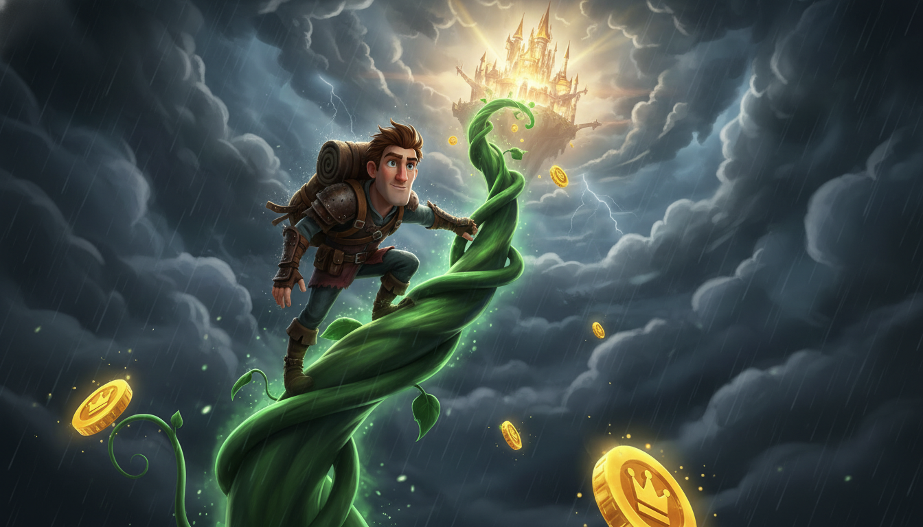 A determined treasure hunter climbing a glowing beanstalk towards a golden castle in the clouds.