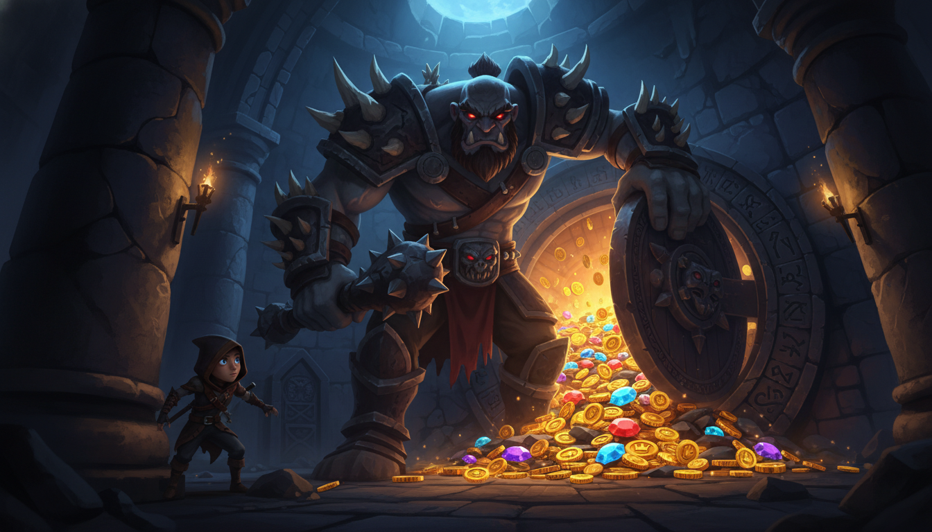 A menacing giant guarding a stone vault of gold with Jack hiding in the shadows.