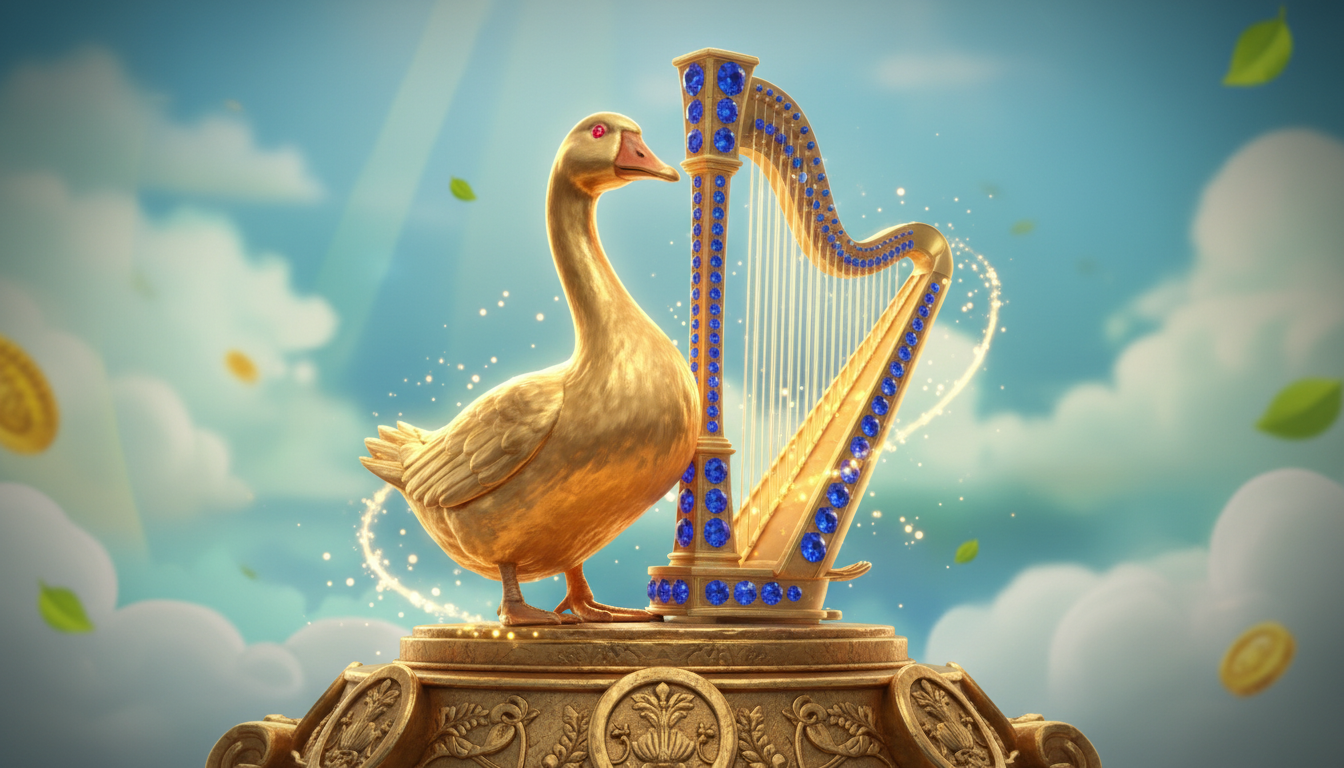 The Golden Goose and Magical Harp symbols resting on a pile of gold coins.
