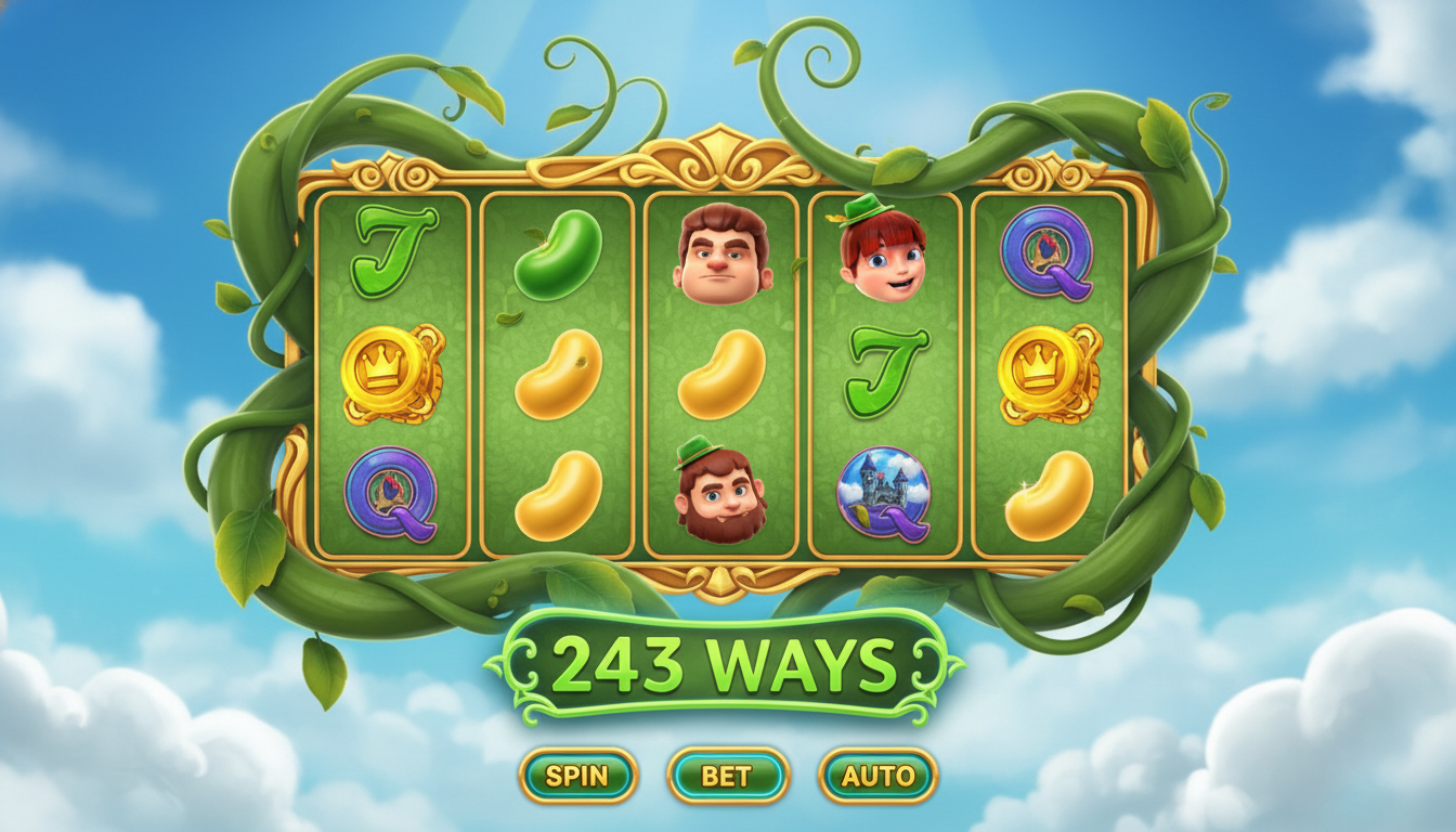 A 5x3 slot machine interface with a beanstalk theme and 243 ways to win.