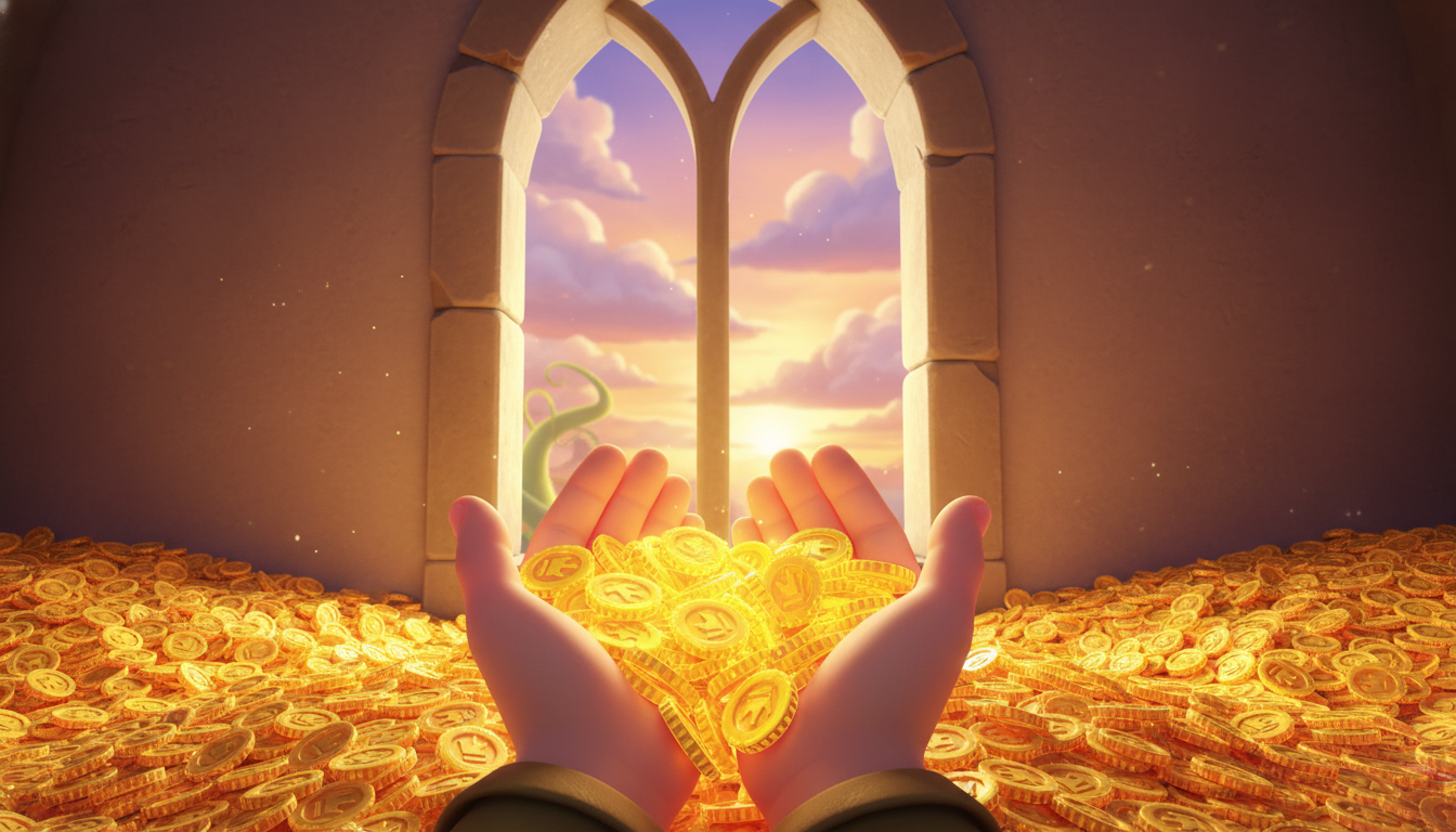 First-person view of winning the jackpot with golden beans in hand inside a castle.