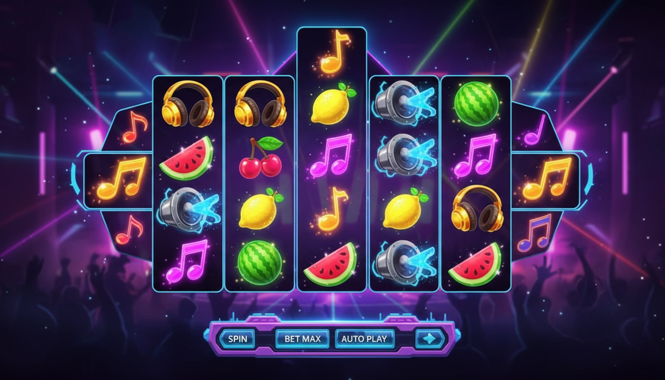 DJ Boom Boom slot game interface with a unique 6-reel 3-4-5-5-4-3 grid layout.