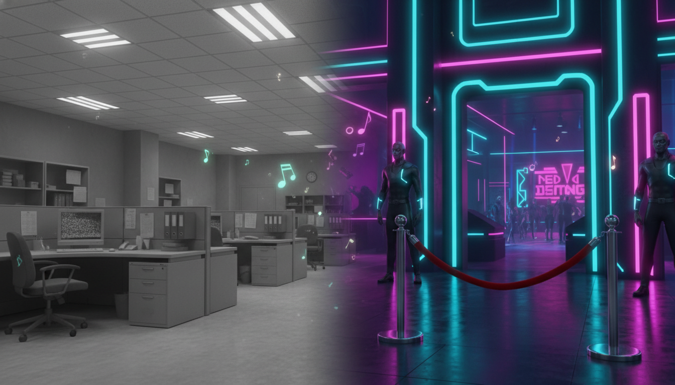 A transition from a boring room to a vibrant neon-drenched nightclub with a velvet rope and futuristic aesthetics.