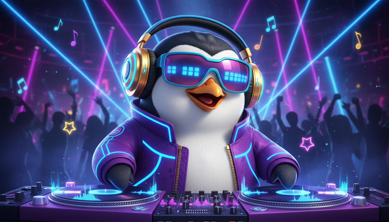 Slick DJ penguin mascot wearing headphones spinning turntables in a neon nightclub.