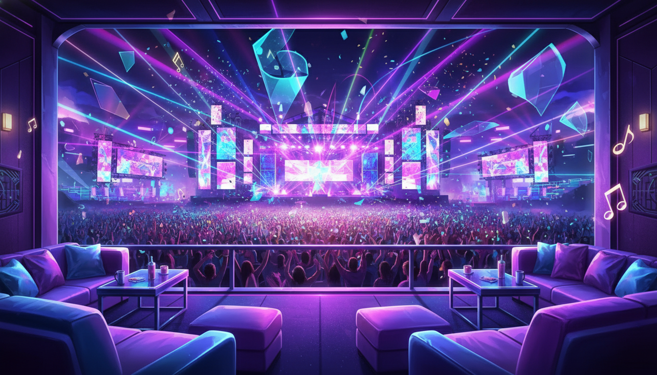 VIP lounge at an EDM festival with kaleidoscope lasers and neon strobe lights.