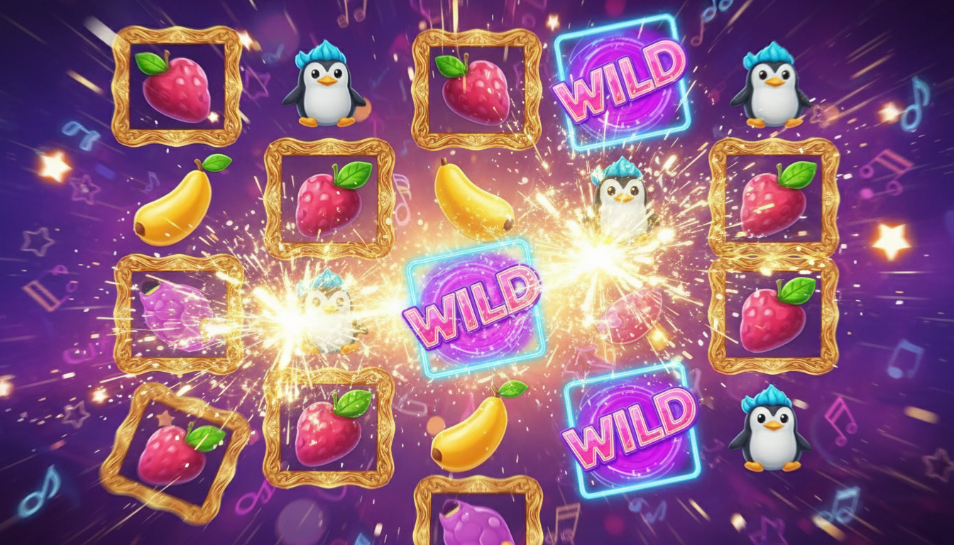 Cascading slot reels with golden frames and explosive winning symbol transformations.