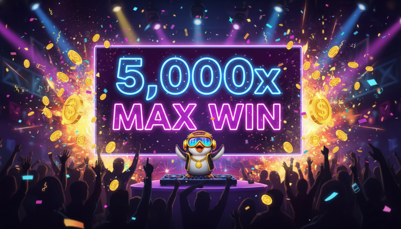 Max win screen showing 5000x payout with golden coins and nightclub celebration.
