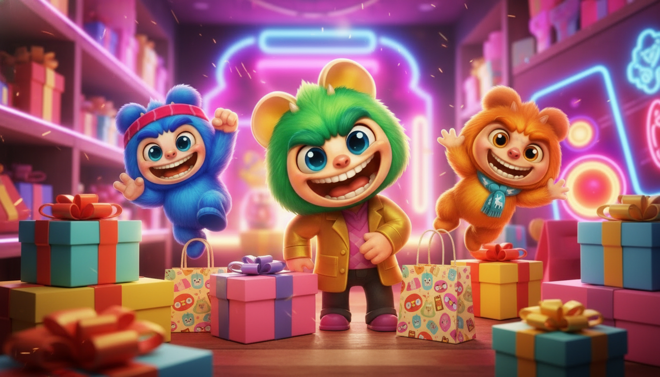 Art toy inspired furry monster characters in neon toy store