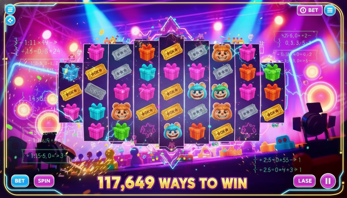 117,649 ways Megaways grid layout with neon symbols