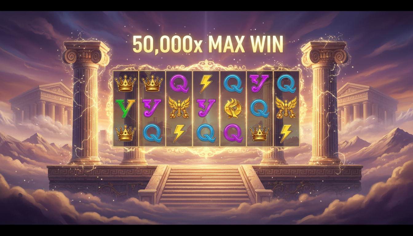 Gates of Olympus Super slot machine interface featuring 50,000x maximum win display on Mount Olympus.