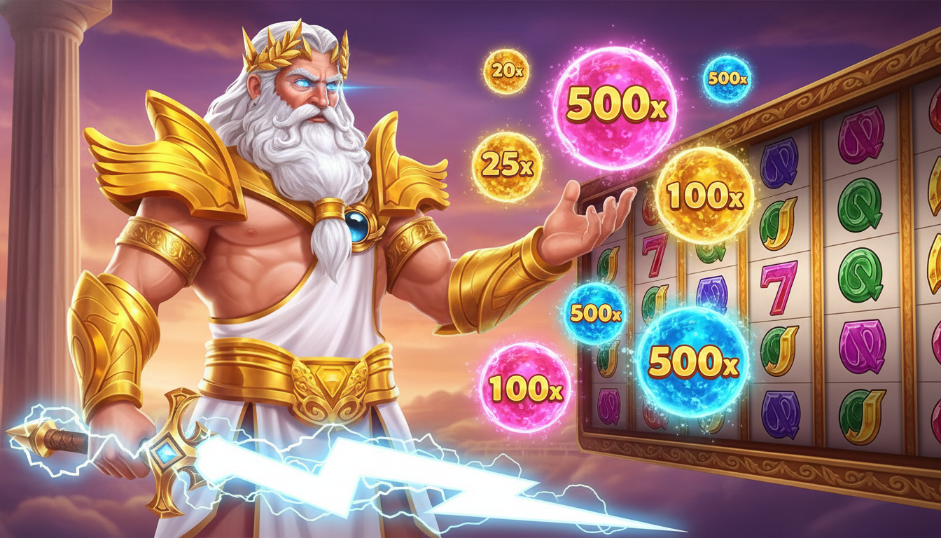 Zeus character triggering multiplier orbs ranging from 2x to 500x in Gates of Olympus Super.