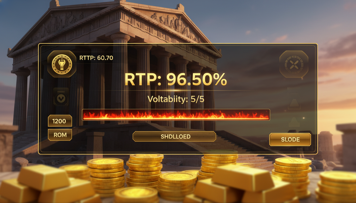 Statistical dashboard showing 96.50% RTP and high volatility rating for the Gates of Olympus Super engine.