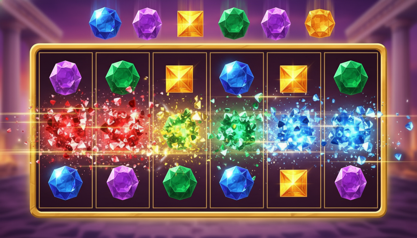 Cascading reels and Tumble Feature mechanics in a 6x5 slot grid with Greek mythology symbols.