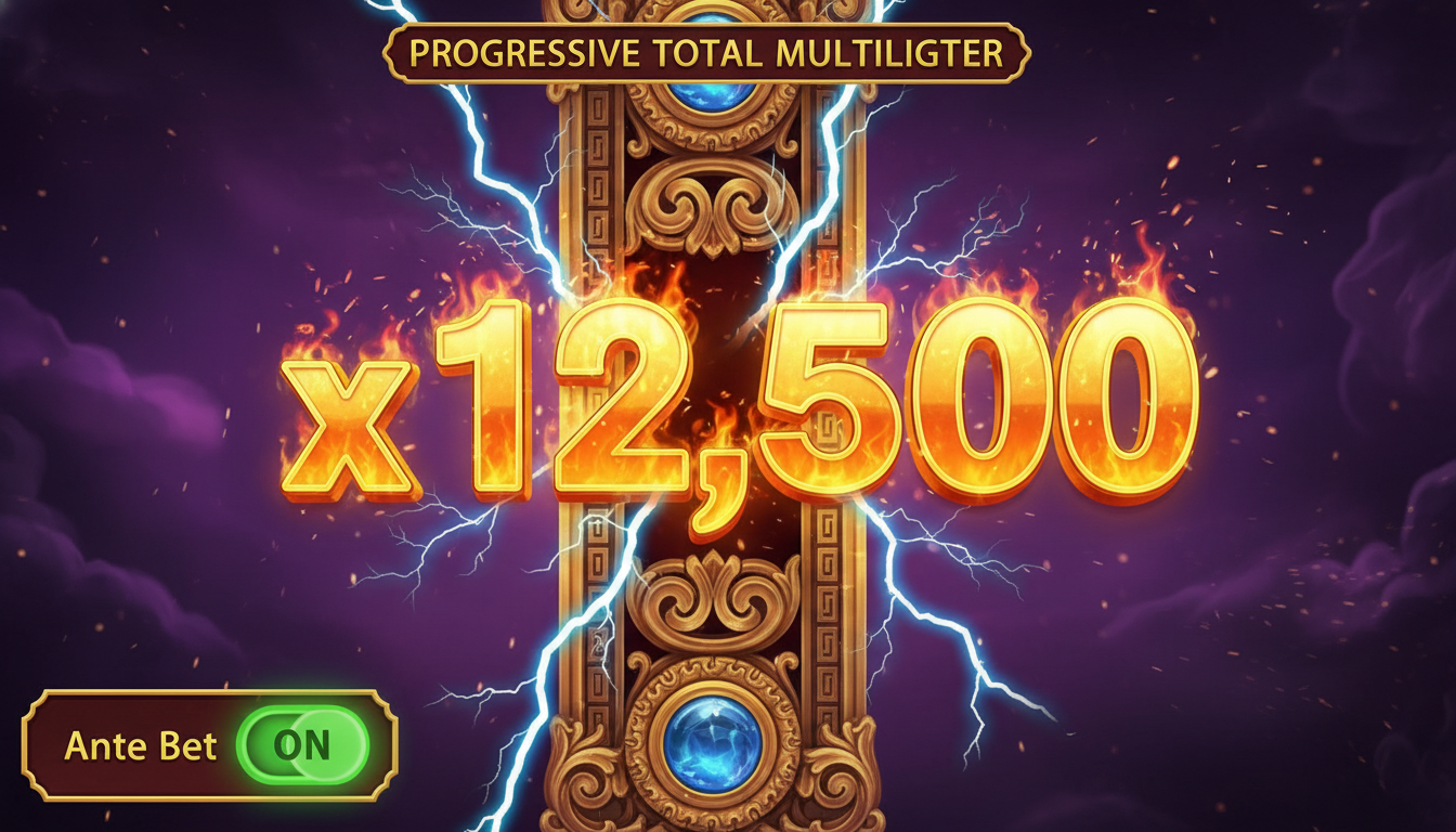 Progressive multiplier meter and Ante Bet feature toggle in the Gates of Olympus Super bonus round.