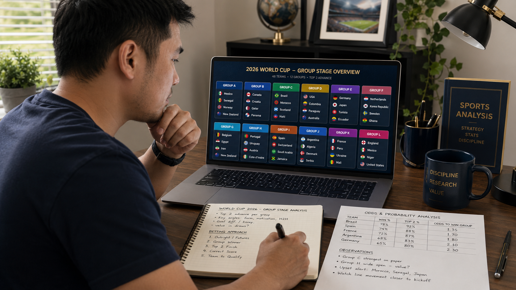 Filipino bettor analysing World Cup 2026 group stage bracket on laptop