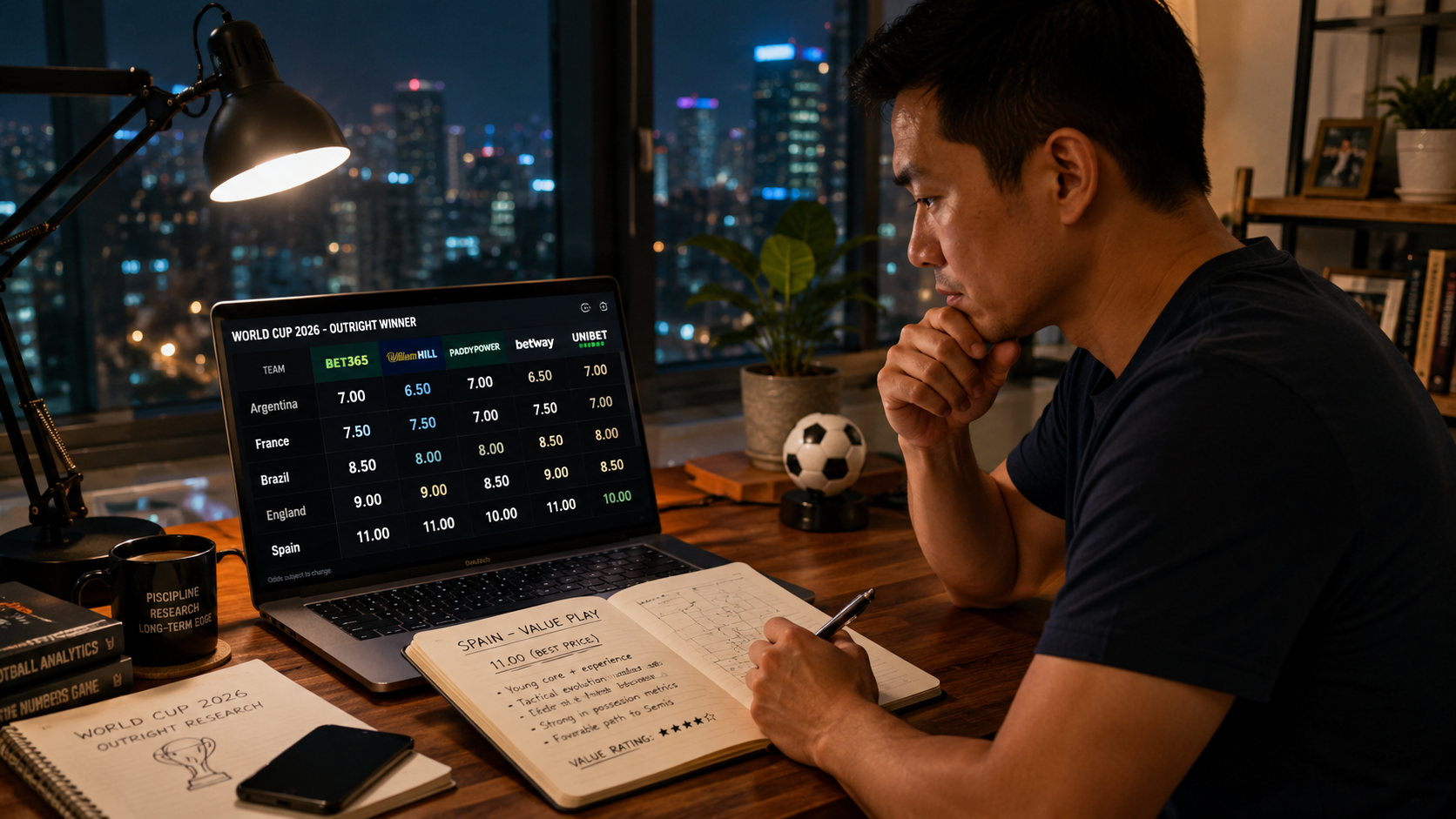 Filipino bettor comparing World Cup 2026 outright odds on laptop with notebook