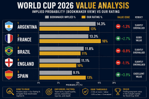 World Cup 2026 implied probability vs our rating chart for top 5 favourites