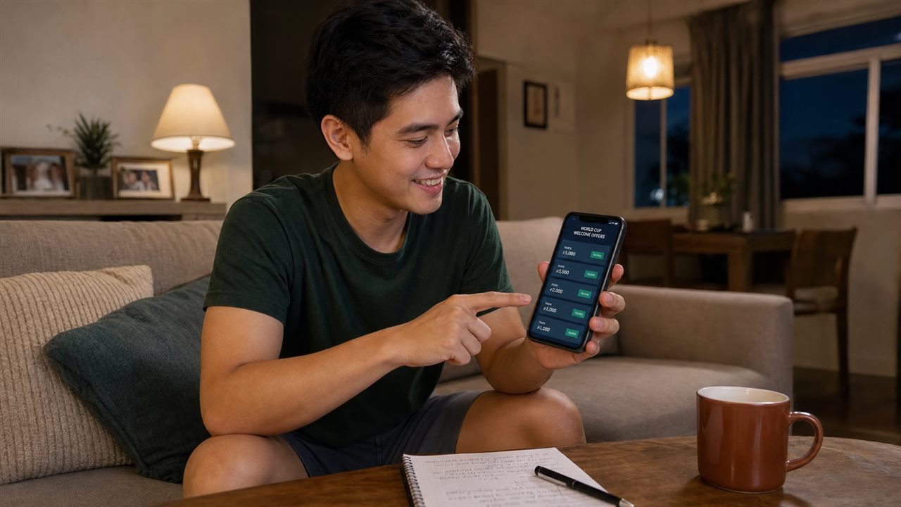 Filipino bettor comparing World Cup 2026 free bet offers on a smartphone at home