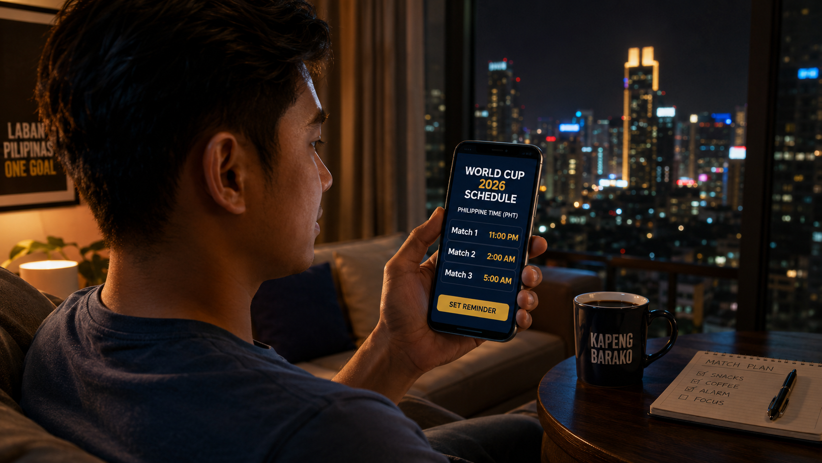 Filipino fan watching World Cup 2026 schedule on phone in Manila apartment at night