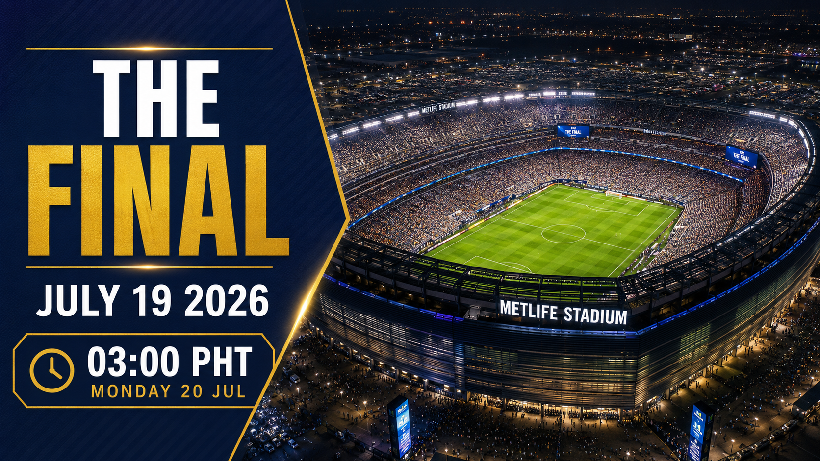 MetLife Stadium aerial view with World Cup 2026 Final kickoff time in PHT