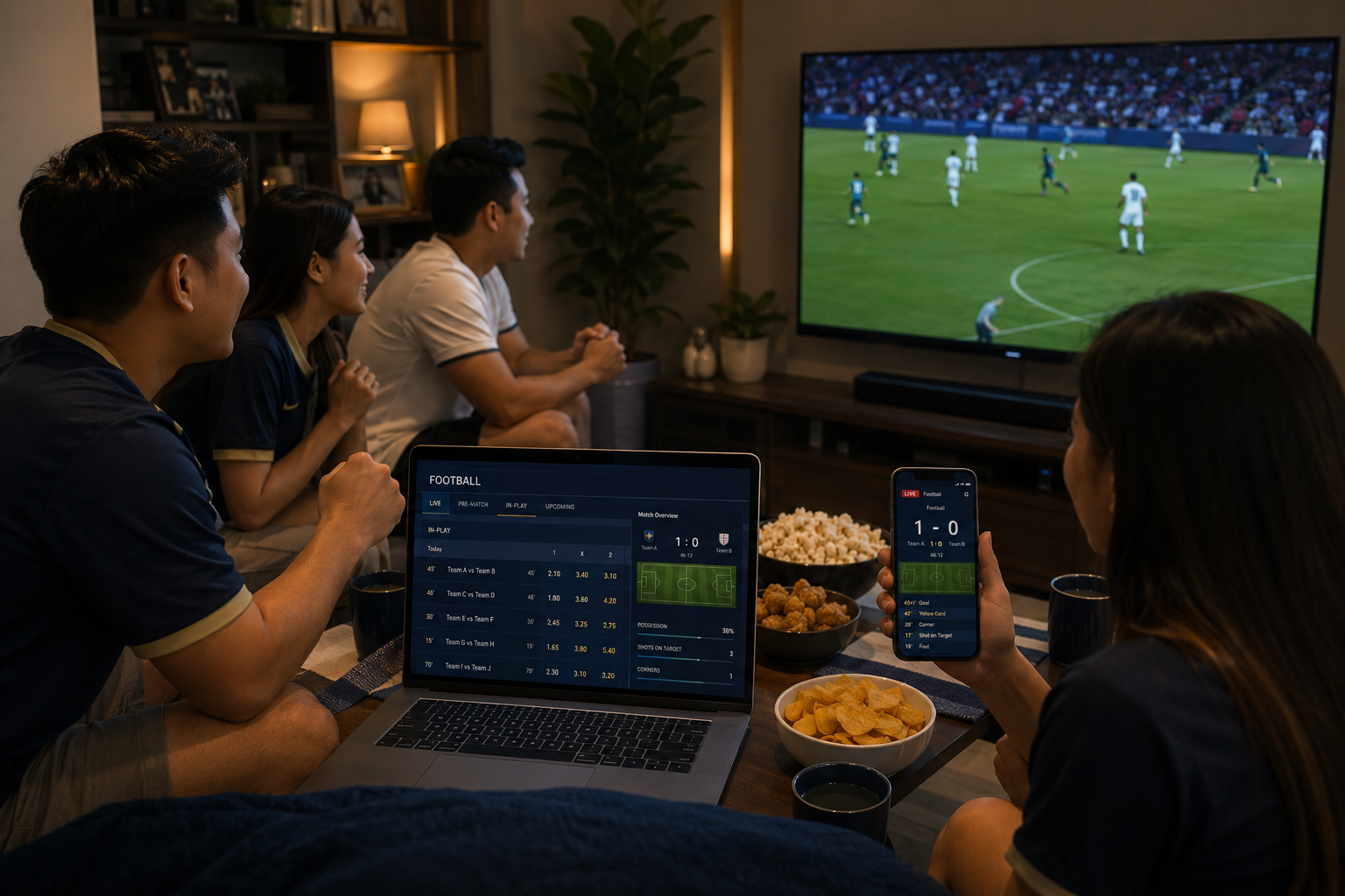 Filipino home setup for watching World Cup 2026 with TV, laptop, and phone
