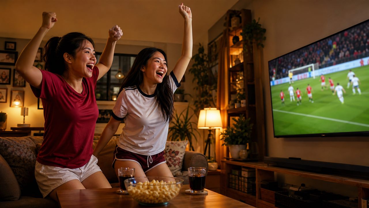 Two young Filipino women friends jumping and celebrating a World Cup 2026 goal at home in the evening