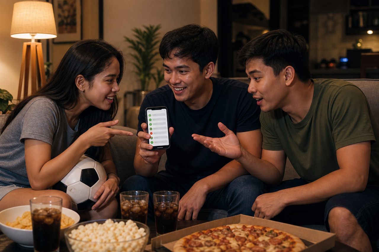 Three young Filipino friends on a living room sofa in the evening debating their World Cup 2026 predictions on a phone