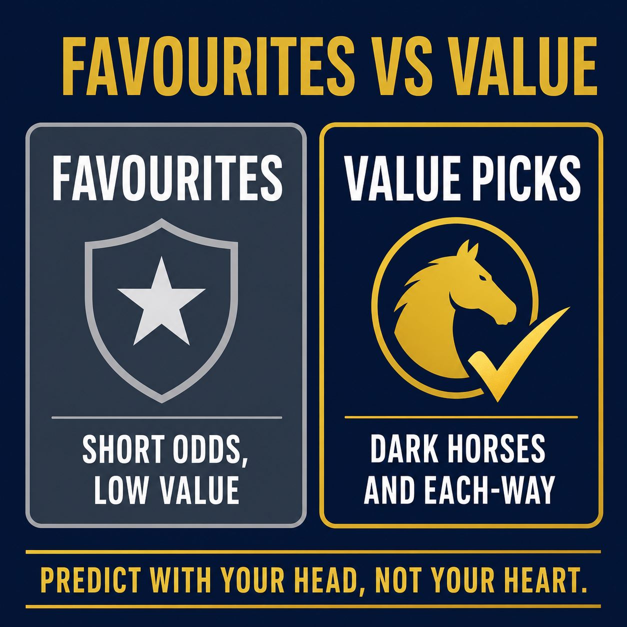 Favourites versus value: favourites are short odds and low value, dark horses and each-way bets carry the value