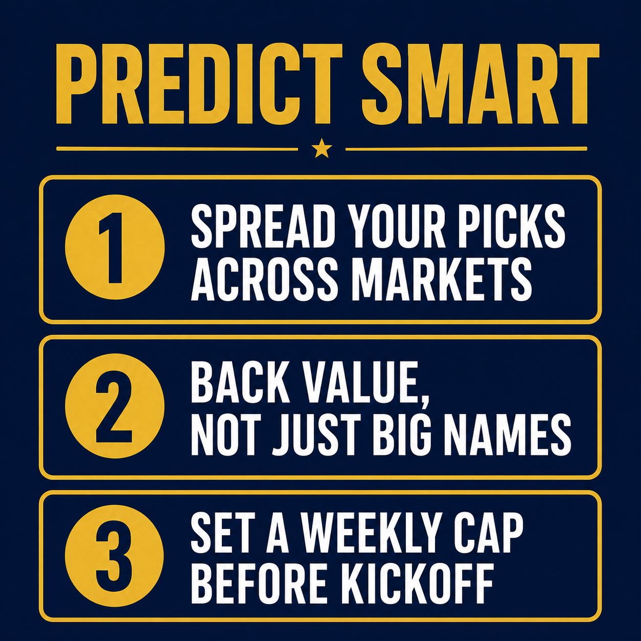 Predict smart: spread your picks across markets, back value not just big names, set a weekly cap before kickoff