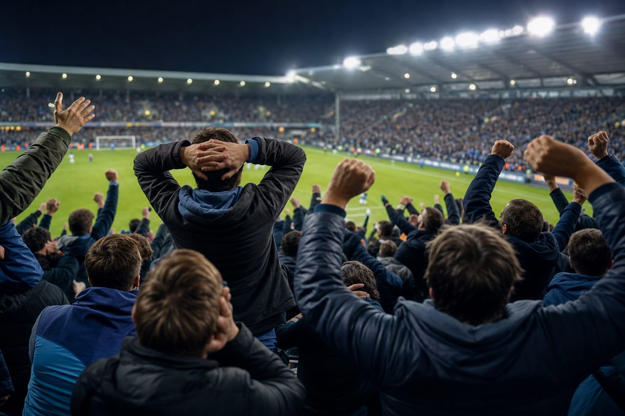 Underdog team fans in joyous disbelief celebrating a shock result at a World Cup 2026 match, hands on heads and arms raised, no identifiable faces