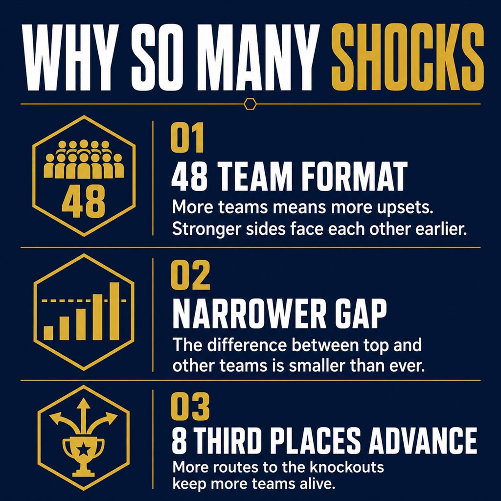 Infographic on why the 48-team World Cup 2026 produces more upsets: more debutants, narrower quality gap, eight best third-placed teams advance